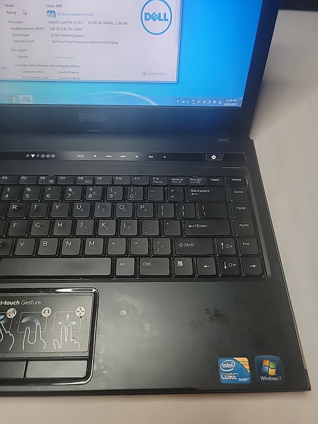 Dell Vostro 3400 Laptop Intel i3-M370 2.4GHZ 50 GB Storage Bad Battery Charger