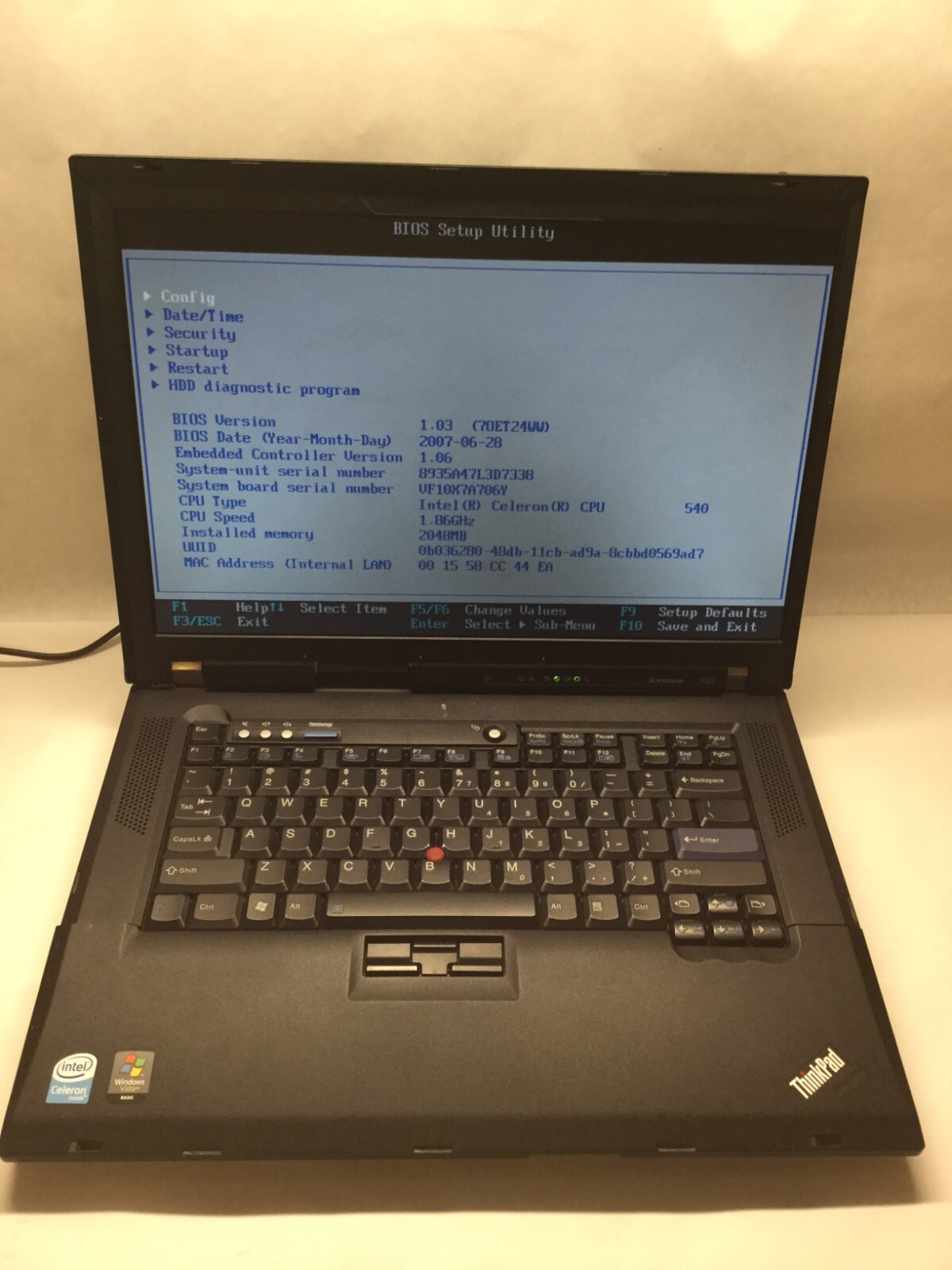 Lenovo ThinkPad R61 15″ Laptop Intel Celeron – BOOTS TO BIOS -MZ