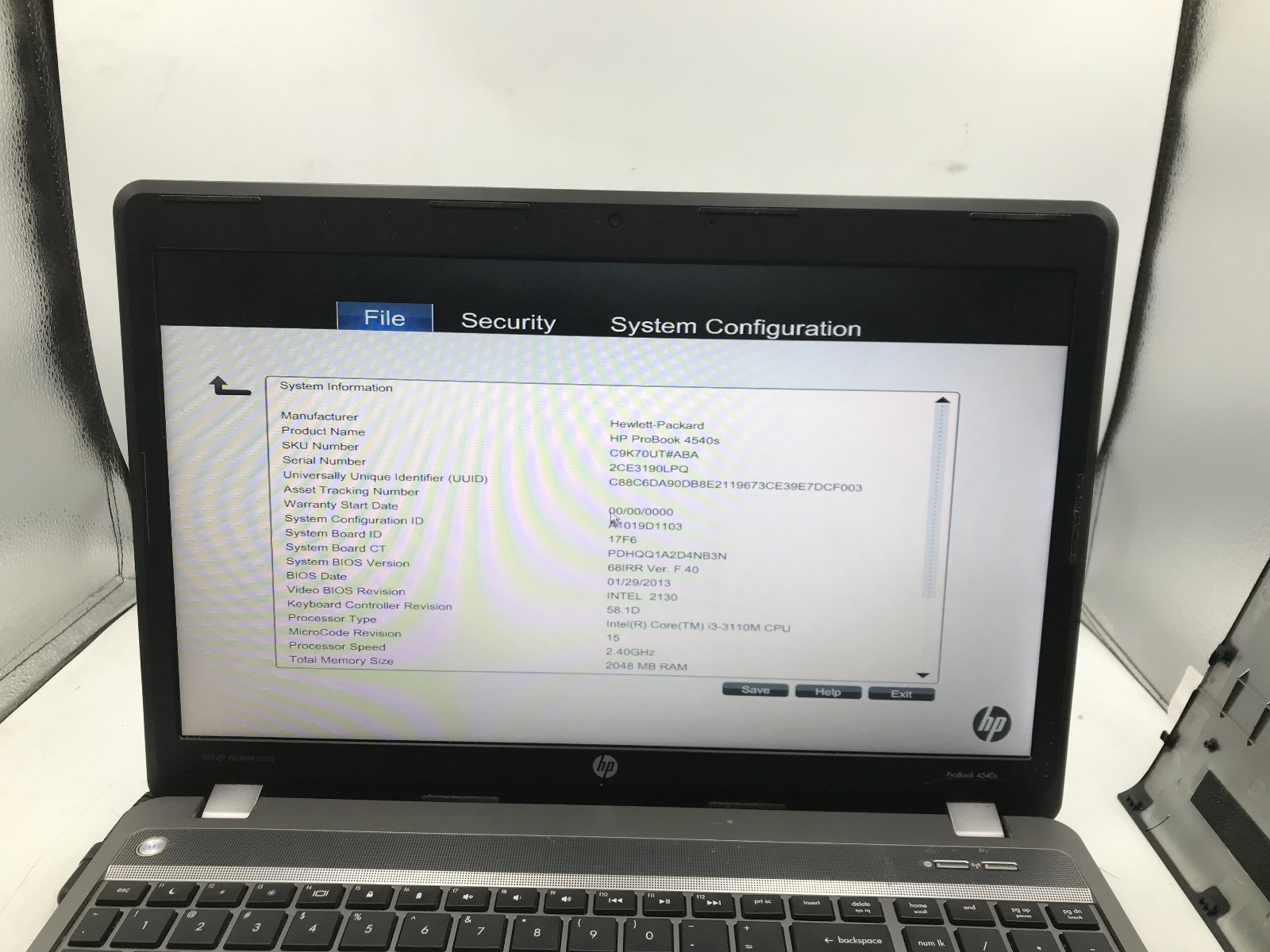 HP PROBOOK 4540S – BOOTS TO BIOS – INTEL I3 3110M – NO RAM – READ DESCRIPTION-BB