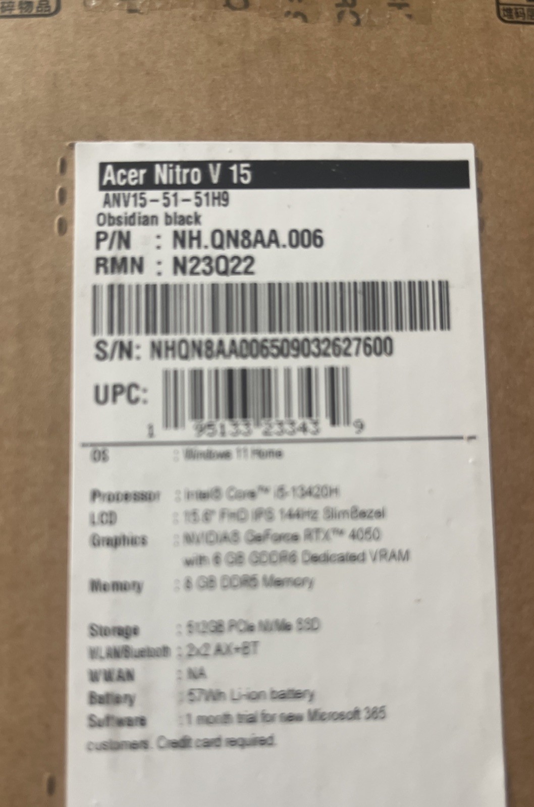 Acer Nitro V 15.6″ FHD Laptop Intel Core i5-13420H/8GB/512GB/RTX4050 New!!!