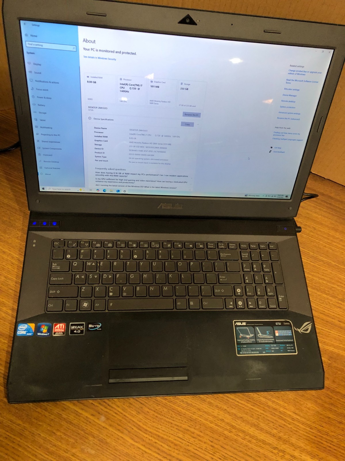 ASUS G73Jh Gaming Laptop – i7 – 8GB Ram – Radeon HD 5800 – 240GB SSD – STICKY