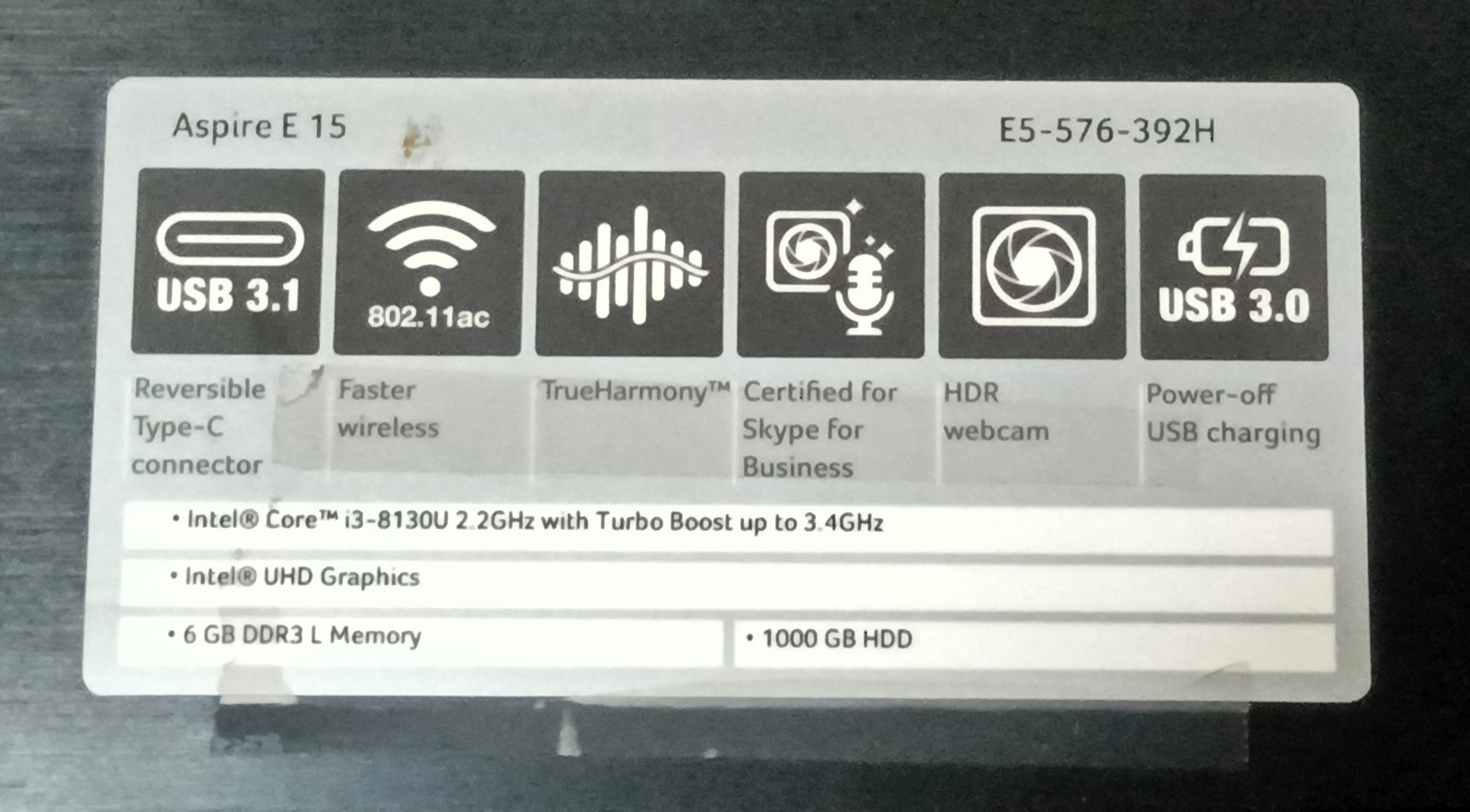 Acer laptop Aspire E5-576 Series Model N16Q2 8GB RAM 256GB SSD drive w powercord