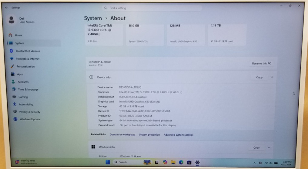 Dell ISNPIRON 7591 15.6″, i5-9300H 2.4GHz,16GB RAM, 256GB SSD + 1TB HDD | Win 11