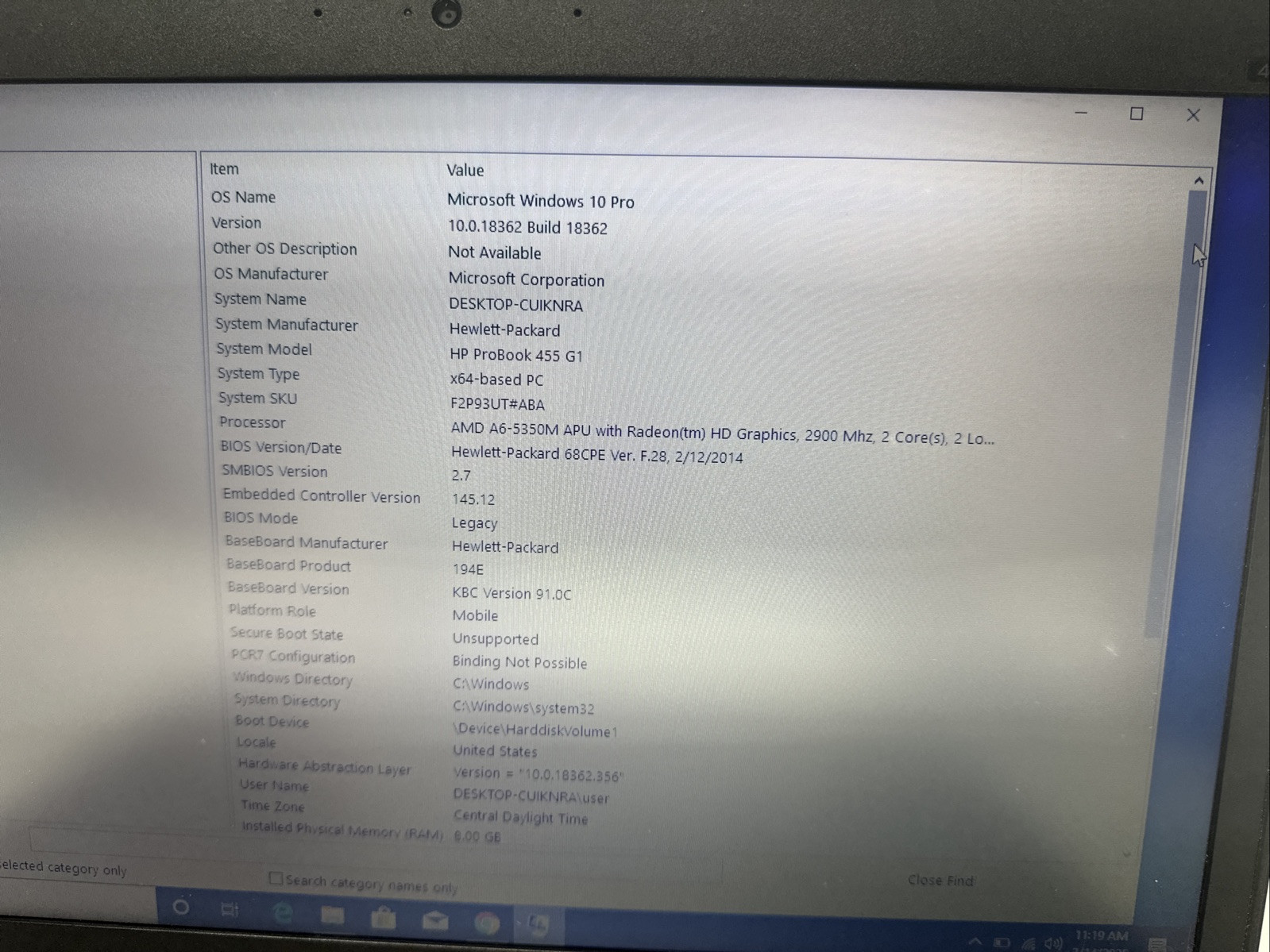HP PROBOOK 455 G1 AMD RADEON A6-5350M 8GB RAM 500gb HD WIN 10