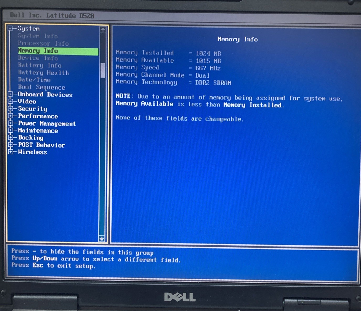 Dell Latitue D520 Intel Core Duo 1.66 GHz 1GB RAM NO HDD/OS Boot to BIOS