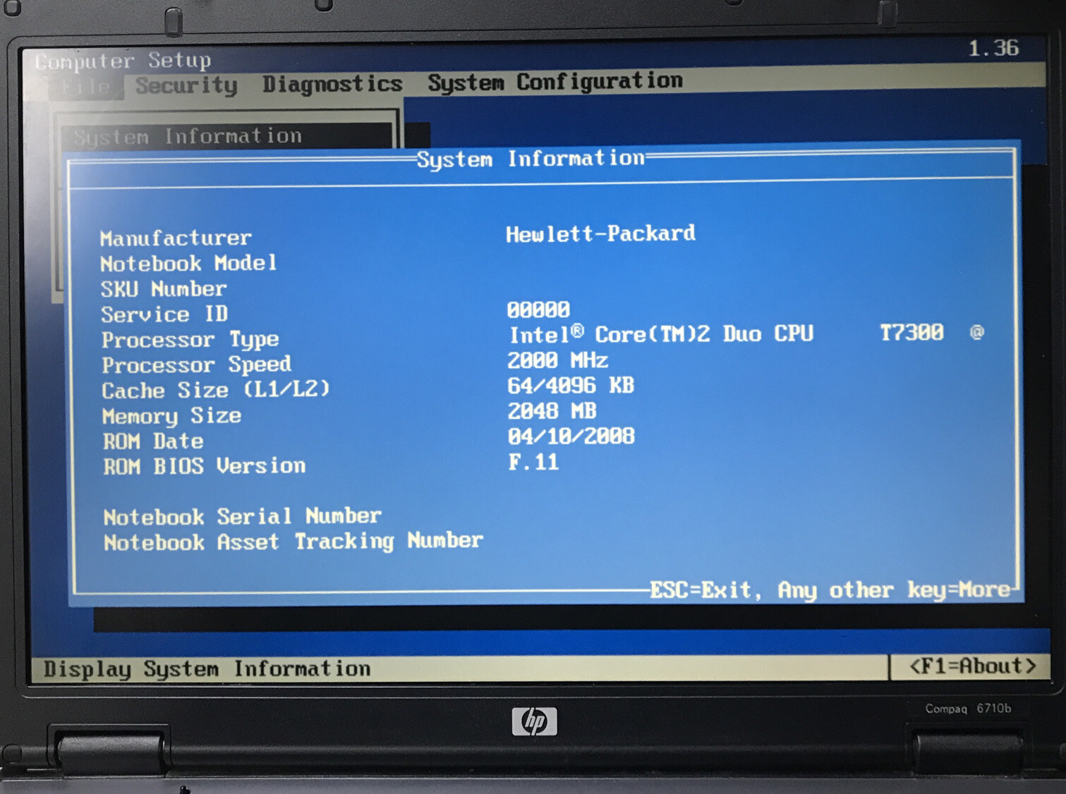 HP Compaq 6710b Core 2 Duo 2.0GHz 2GB RAM No HDD Boot to BIOS.