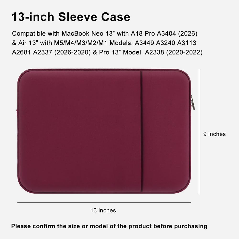 Sleeve for MacBook 13 inches A18/M5/M4/M3/M2/M1 Chip with 2 Pockets