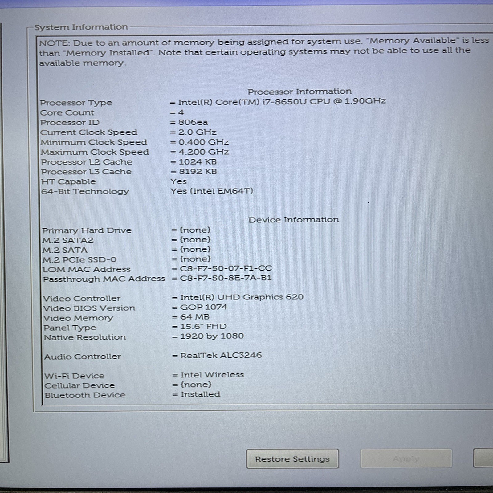 Dell Latitude 5590 15.6″ i7-8650U 1.90 GHz 8 GB RAM No SSD/OS/AC