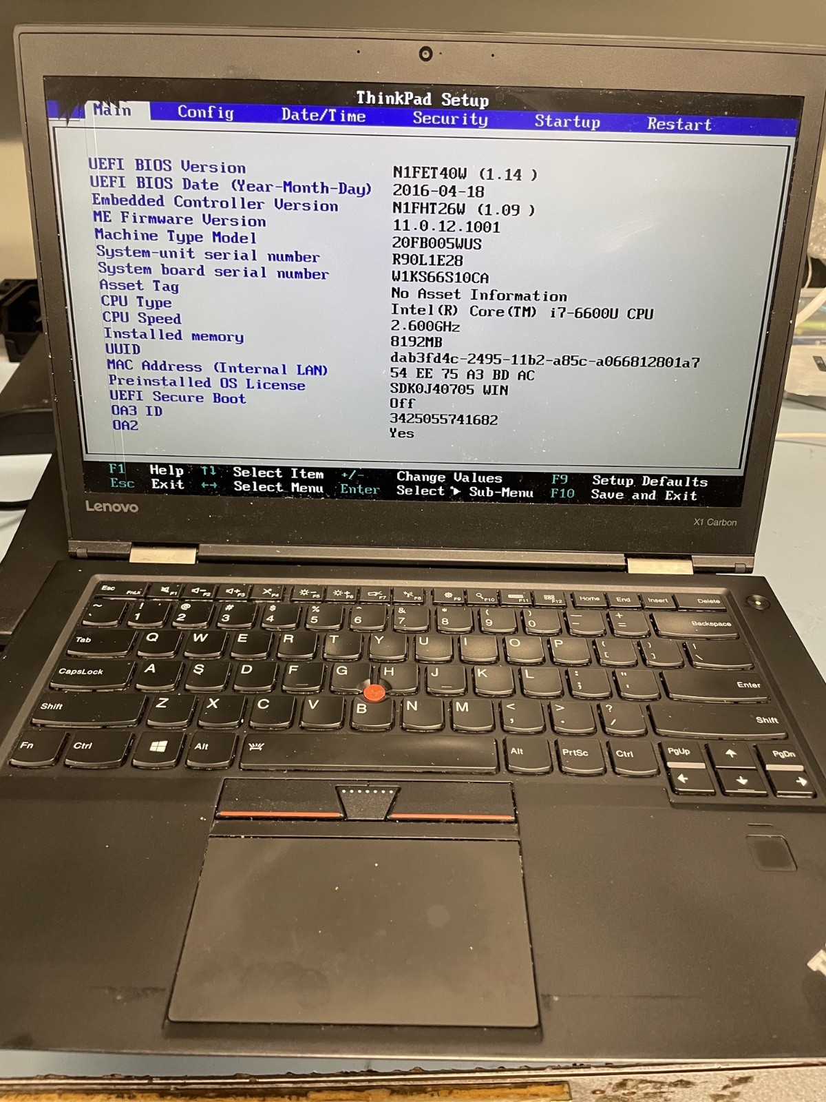 Lenovo ThinkPad X1 Carbon 4th Gen I7-6600U 2.60GHz 8GB No SSD – AS-IS