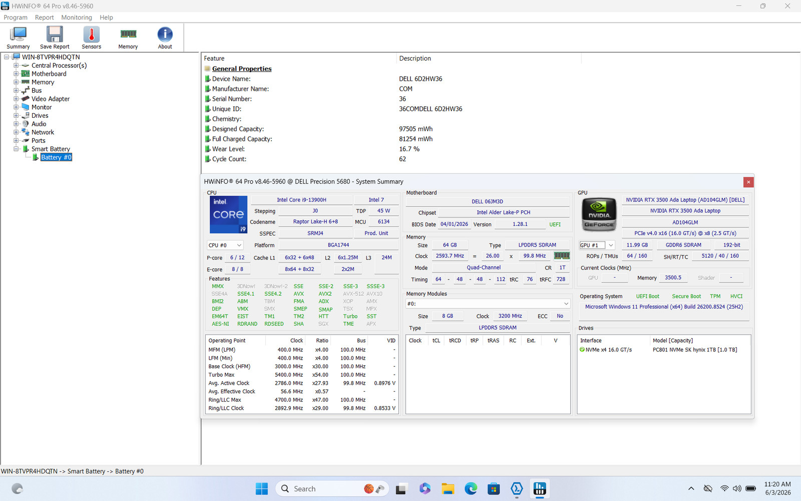 Dell Precision 5680 16″ FHD+ 13TH I9-13900H 1TB SSD 64GB W11P RTX 3500 Warranty