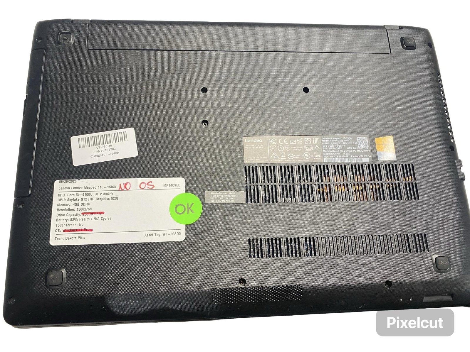 Lenovo IdeaPad 110-15ISK Laptop i3-6100U 4GB RAM No OS Grade C w/Battery