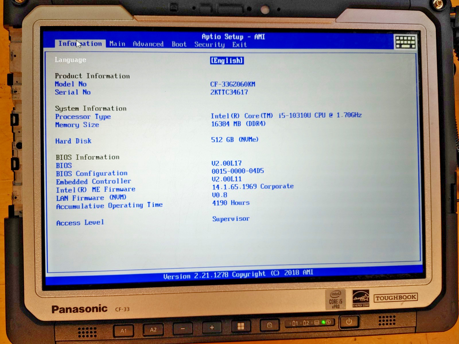 Panasonic Toughbook CF-33 Core i5-10310U@1.70GHz, 16GB RAM , 512GB SSD , NO OS