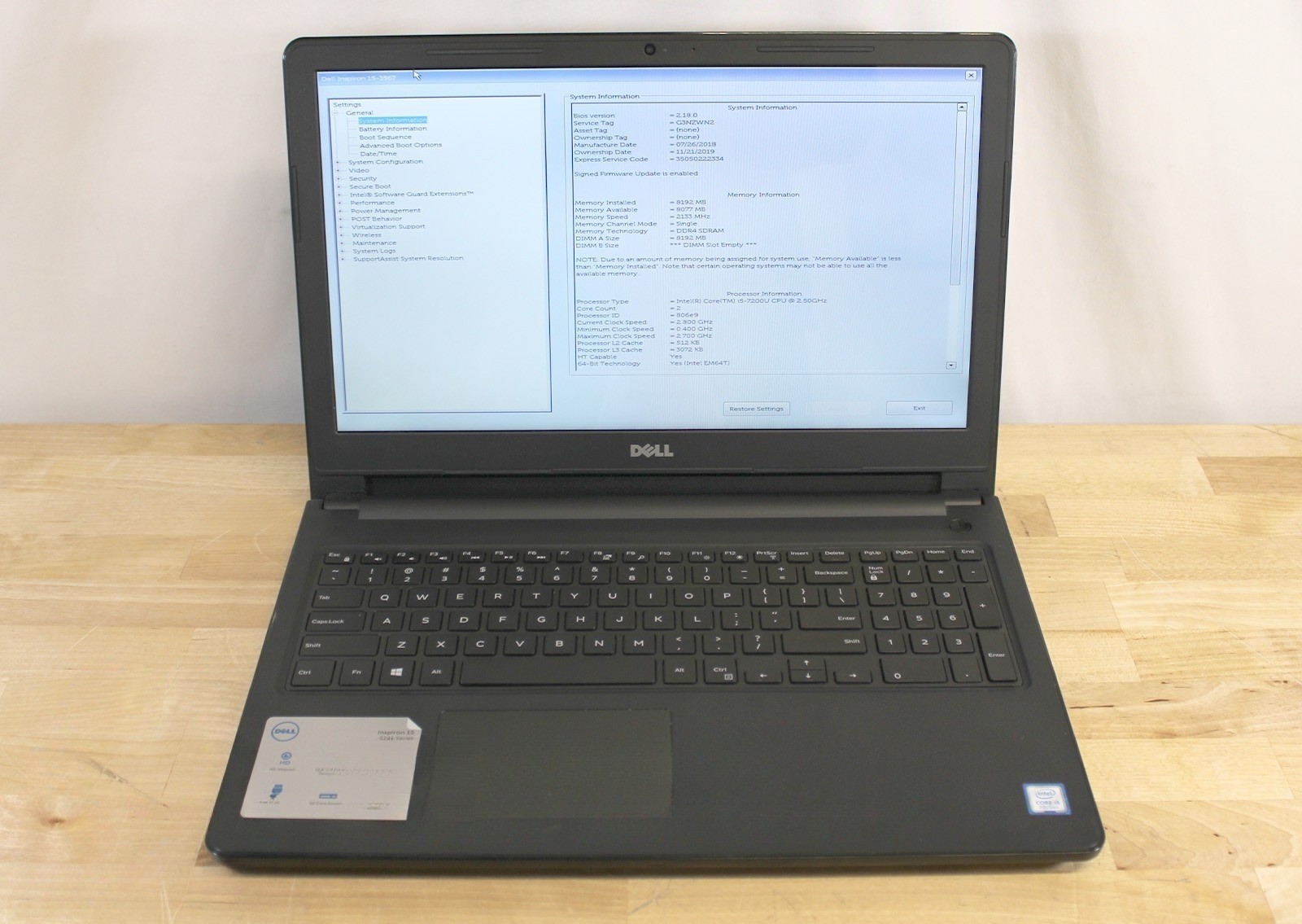 Dell Inspiron 15 3567 15.6in i3-6006U 2.0GHz 8GB No OS, Drive Grade B