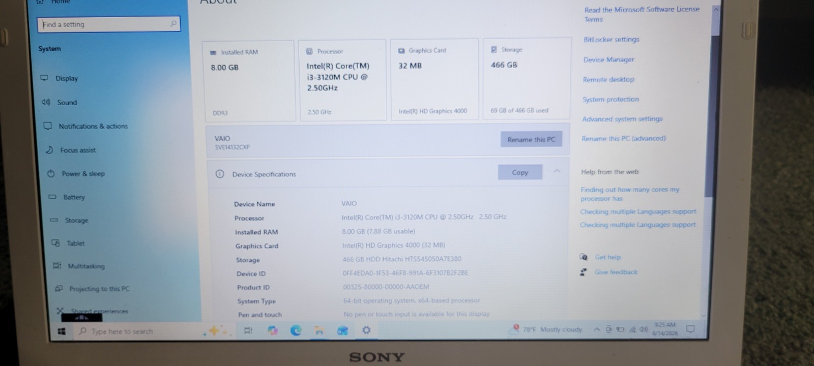 Sony VAIO Pink E Series Laptop 13” i3-3120m CPU, DVD 8GB Ram 500GB Win10