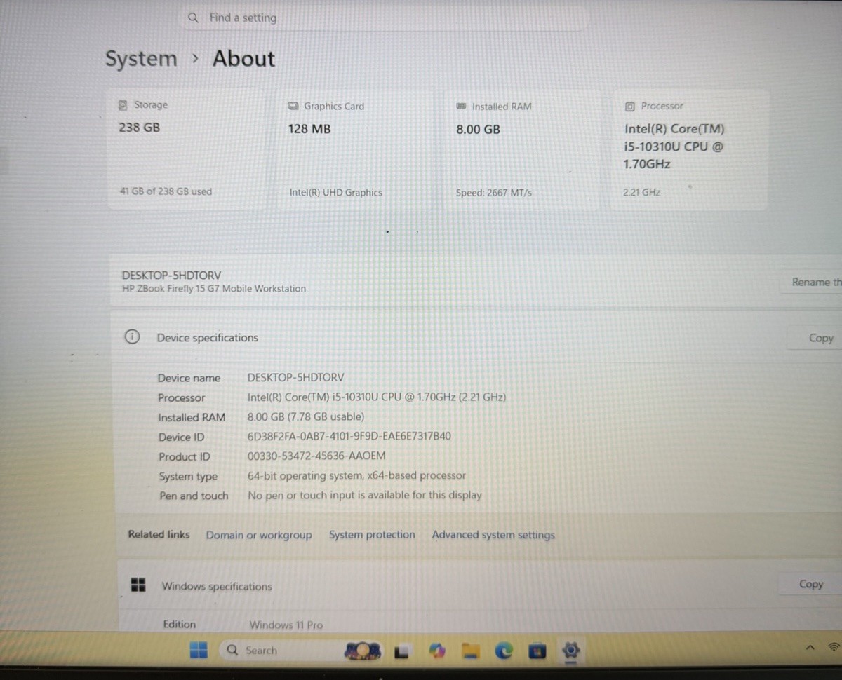 HP ZBook Firefly 15 G7 15.6″ i5 10210U 1.7GHz 8GB RAM 256GB SSD W11P Office 24