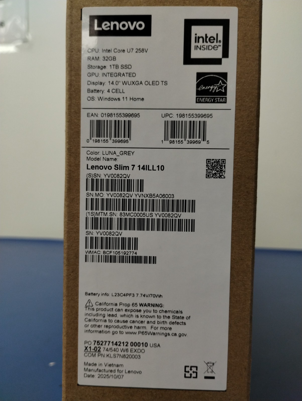 Lenovo Slim 7 14ILL10, Intel Core Ultra 7, 2.20 GHz, 32 GB RAM, 1 TB NVMe SSD
