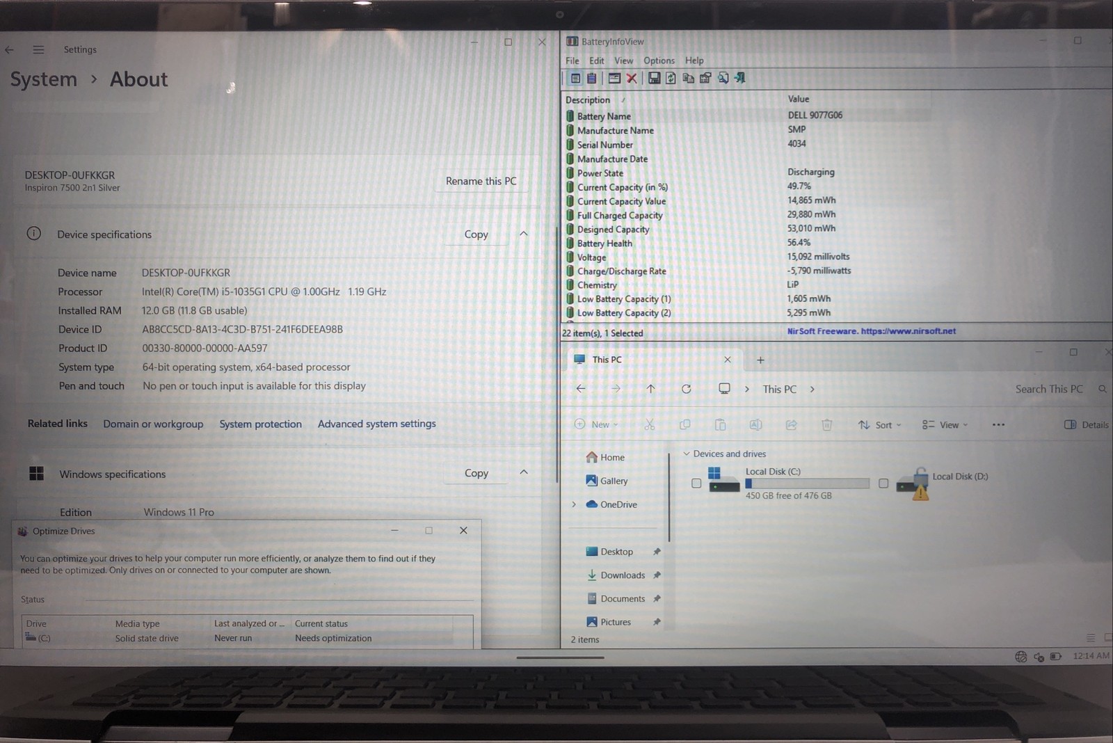 Dell Inspiron 7500, Intel Core i5-1035G1 @1.00 GHz, 12GB RAM, 500 GB SSD W11