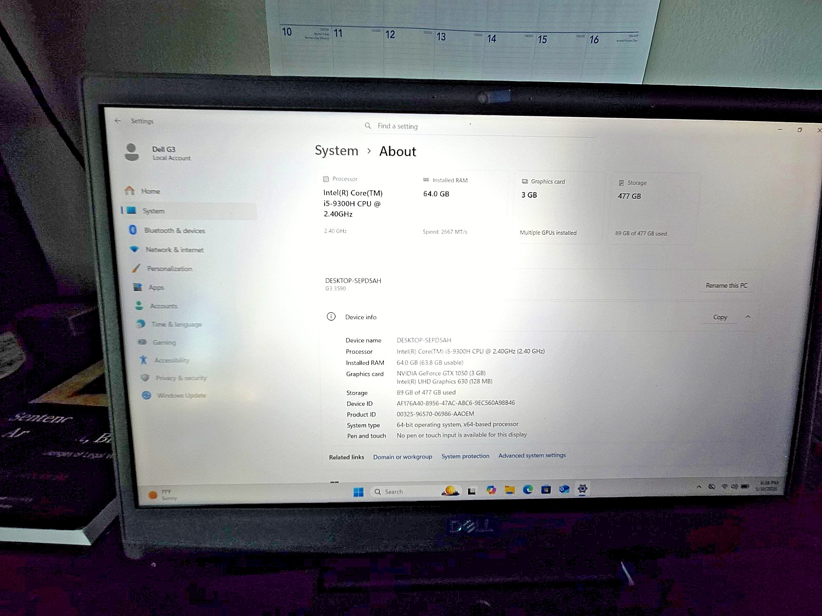 Dell 15.6 G3 Intel Core i5-9300H 64GB RAM 512GB + 3GB NVIDIA GTX 1050