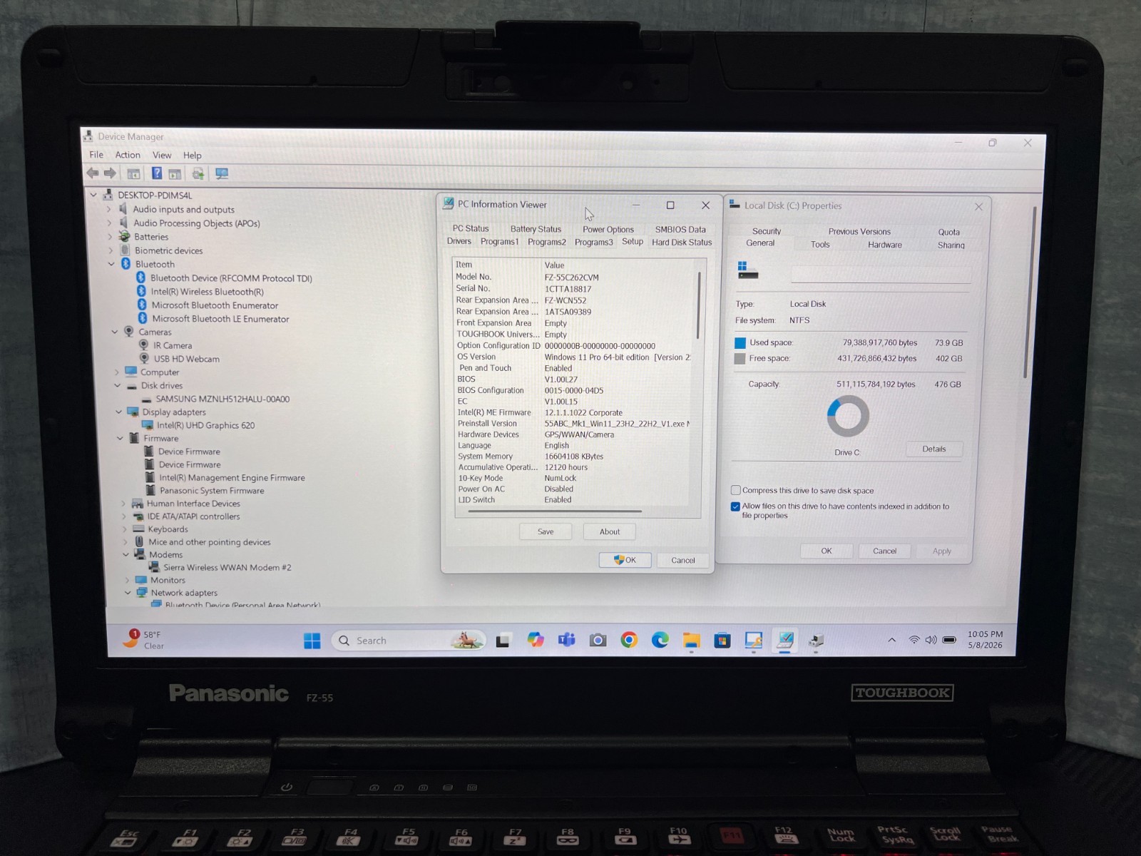 FZ-55C262CVM i5-8365U, 512GB SSD,16GB Mem,GPS,VGA,HDMI,Touchscreen,Win11 25H2.