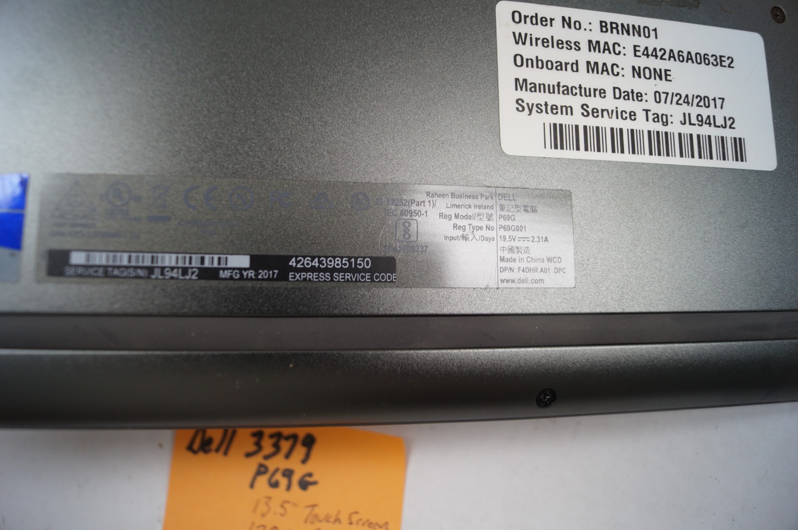 DELL 3379 P69G Latitude 13.5″ 128GB HD 4GB Mem 2GHz Power Cord WORKING PoR B153