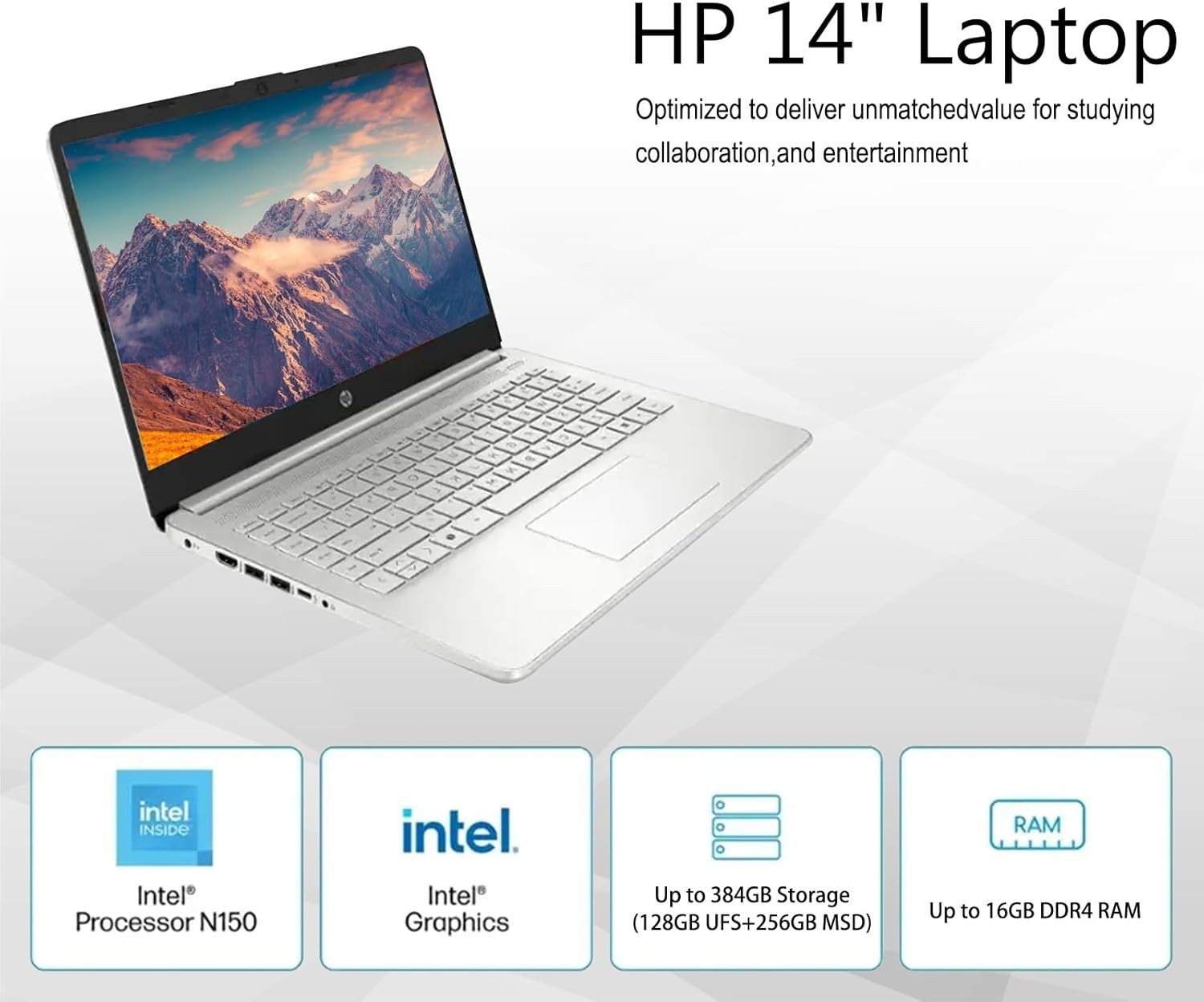 HP 14″ HD Laptop for Student , Intel Processor N150, 16GB RAM, 128GB UFS, Silver