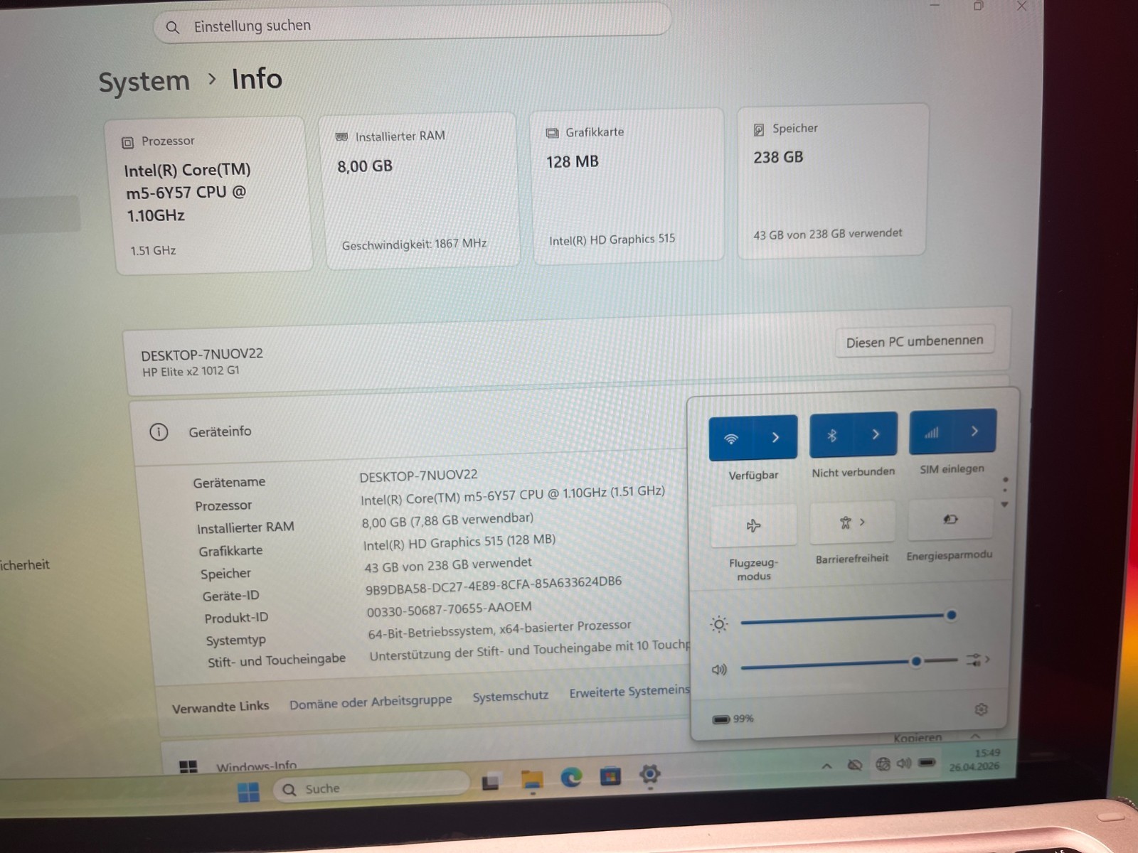 HP Elite X2 1012 G1 2-in-1 m5-6Y57 1.1GHz 8GB 256GB 12″ FHD Win 11 Pro DE LTE NB