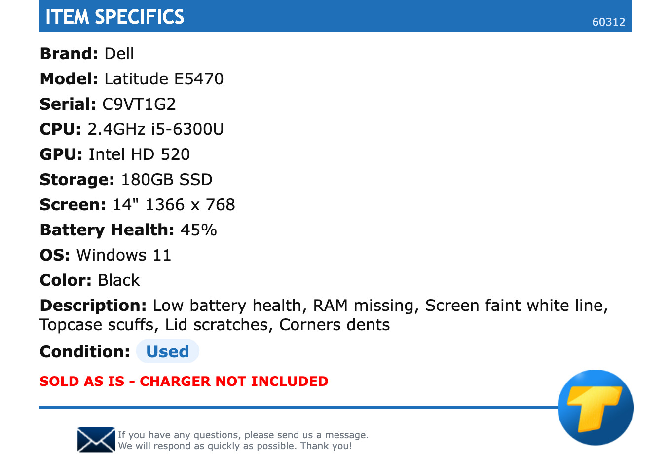 Dell Latitude E5470 – 14″ HD, 2.4GHz i5, NO RAM, 180GB SSD, Windows 11