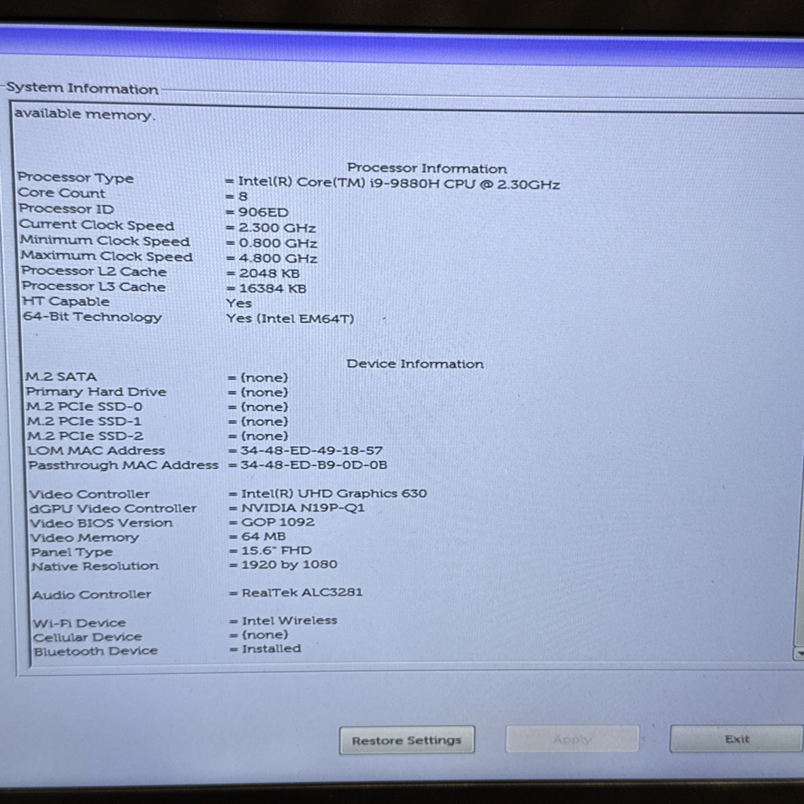 Dell Precision – 7540 Intel Core i9-9980H 2.40Ghz 8GB RAM – NO SSD *NVIDIA*