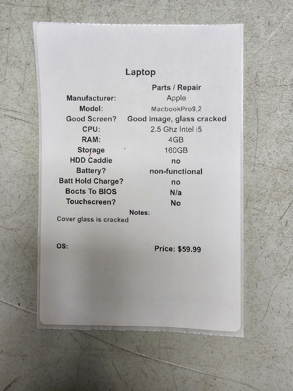 Apple MacBook Pro 9,2 Laptop – Good Image, glass cracked – 2.5 Ghz – Read Desc.