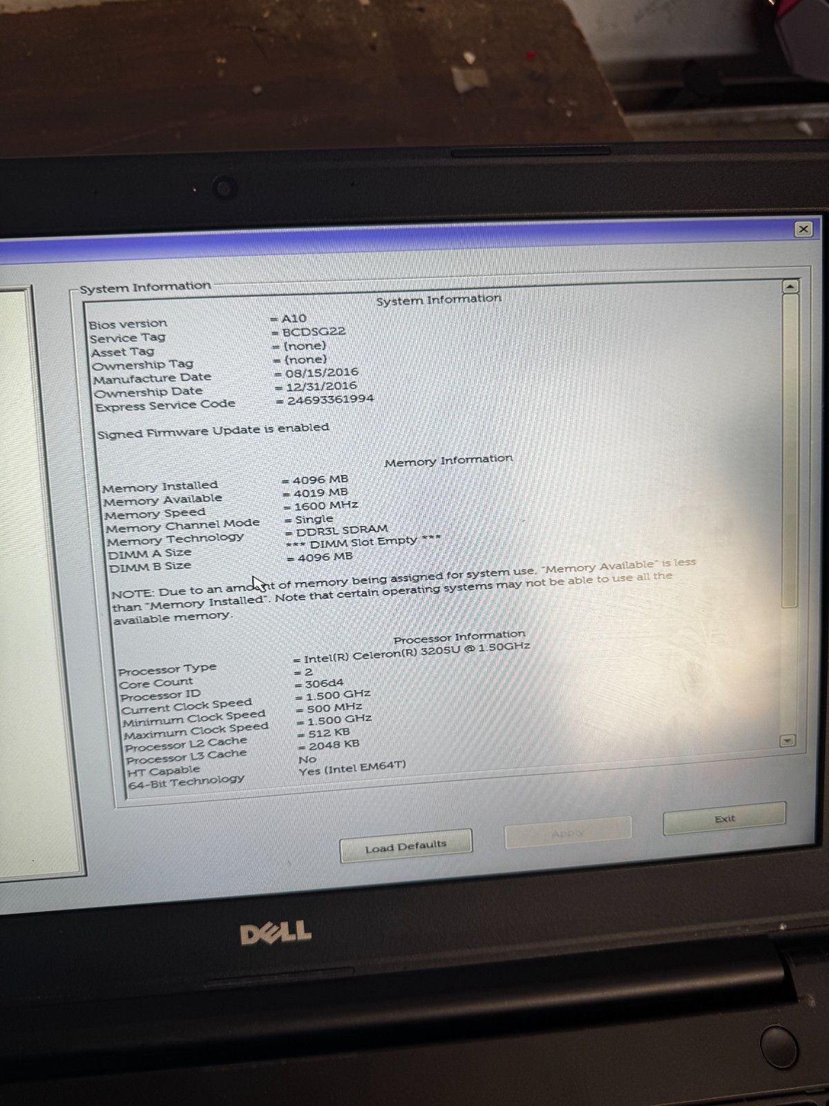 Dell Latitude 3550 Intel Celeron 3205U 4GB RAM laptop For Parts/Repair #6428