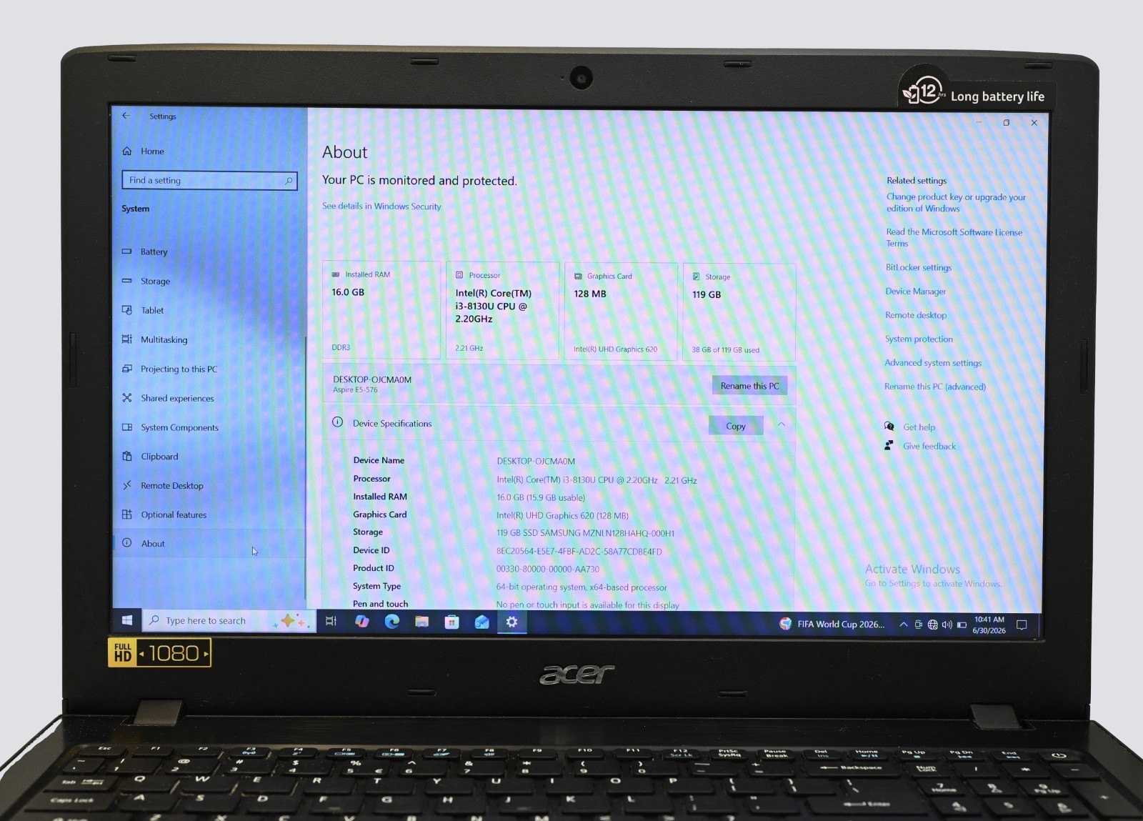 Acer Aspire E5-576 i3-8130u 2.2GHz 16GB RAM 128GB SSD Windows 10 Pro