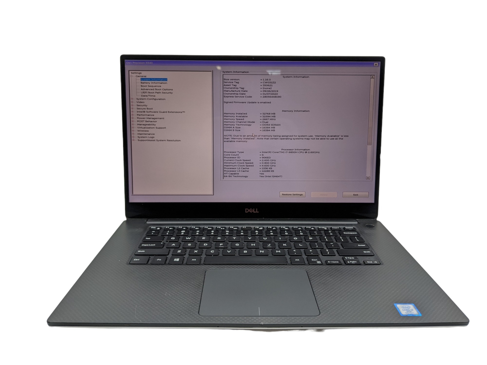 DELL PRECISION 5540 15″ i7 2.6GHz 32GB RAM 1TB SSD Grade D