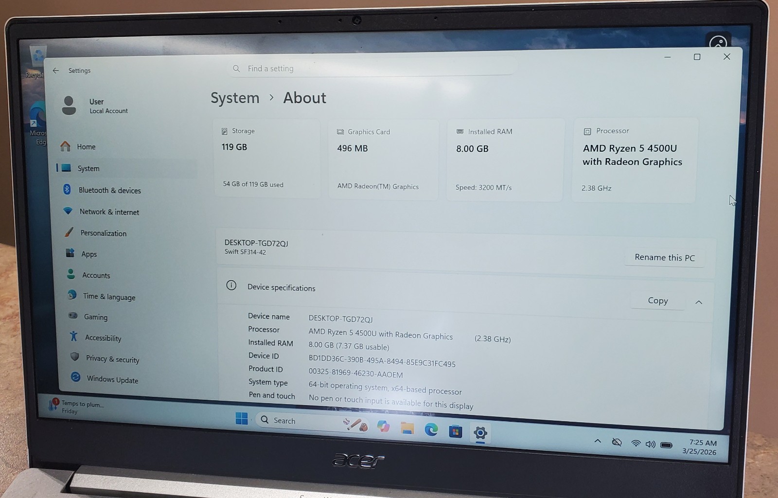 Acer Swift 3 SF314-42 14″ AMD Ryzen 5 4500U 2.38GHz 8GB RAM 128GB SSD Win11 Home