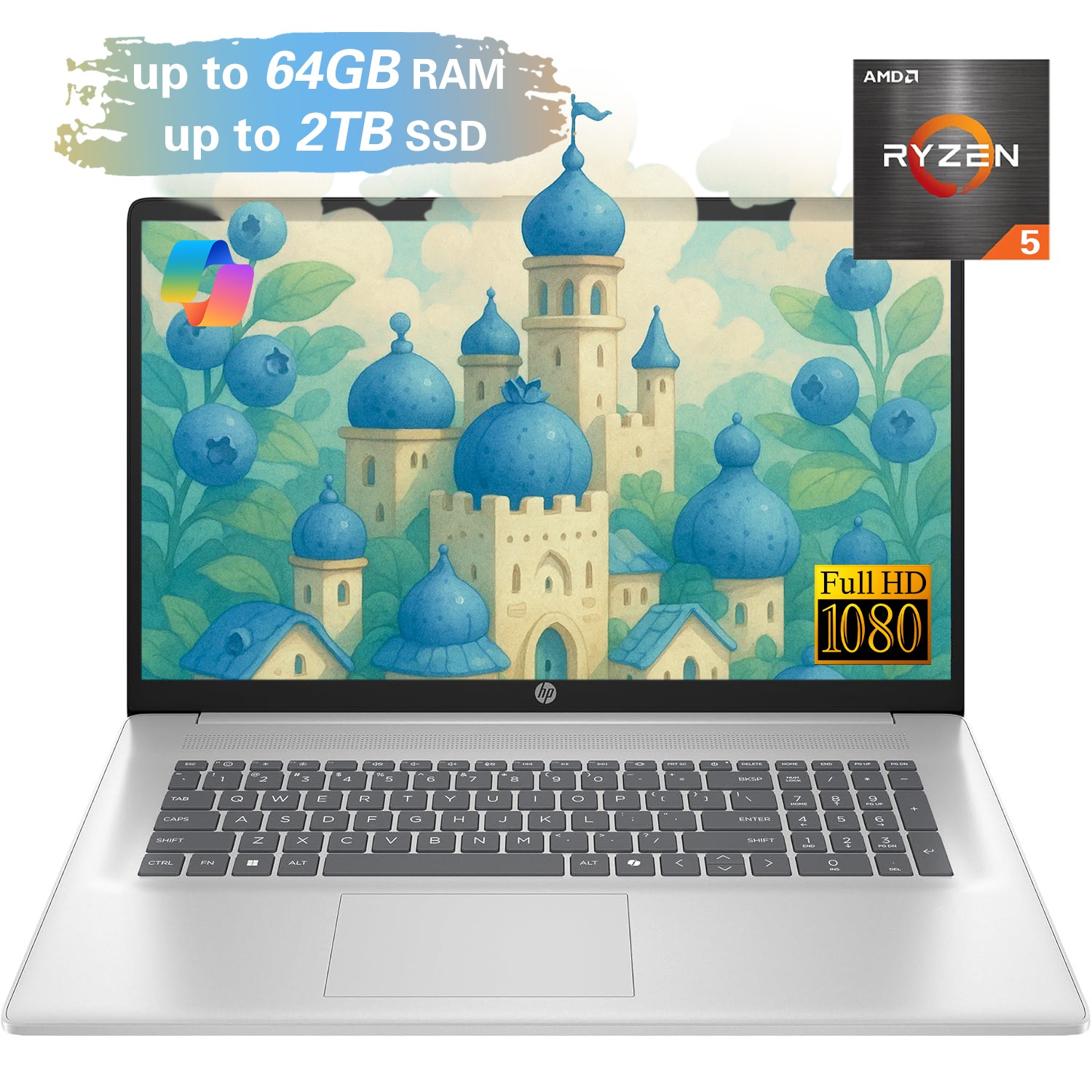 HP 17-cp3155cl Laptop 64GB RAM-2TB SSD W11H 17.3″ HD Ryzen5 7430U | Silver Touch