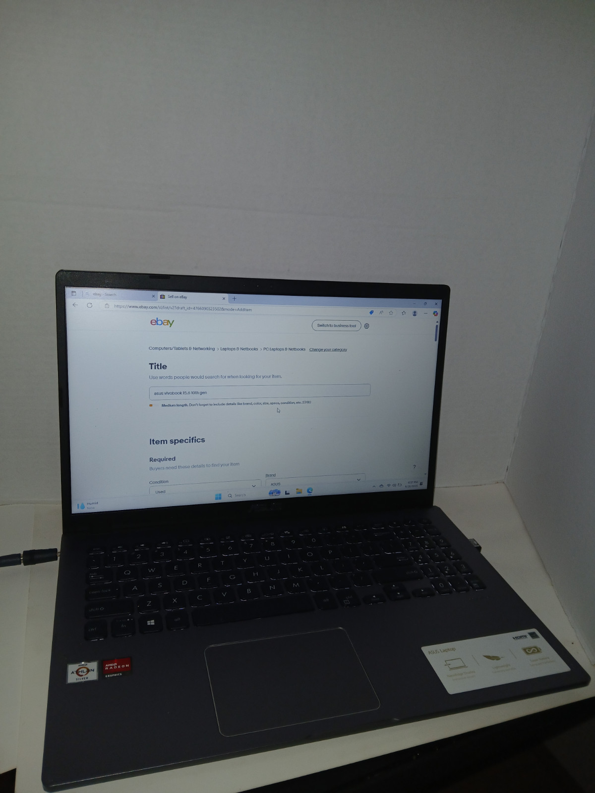 Asus vivobook 15.6 10th gen backlit key board.237 gb nvme ssd.8gb rampower w/A/c