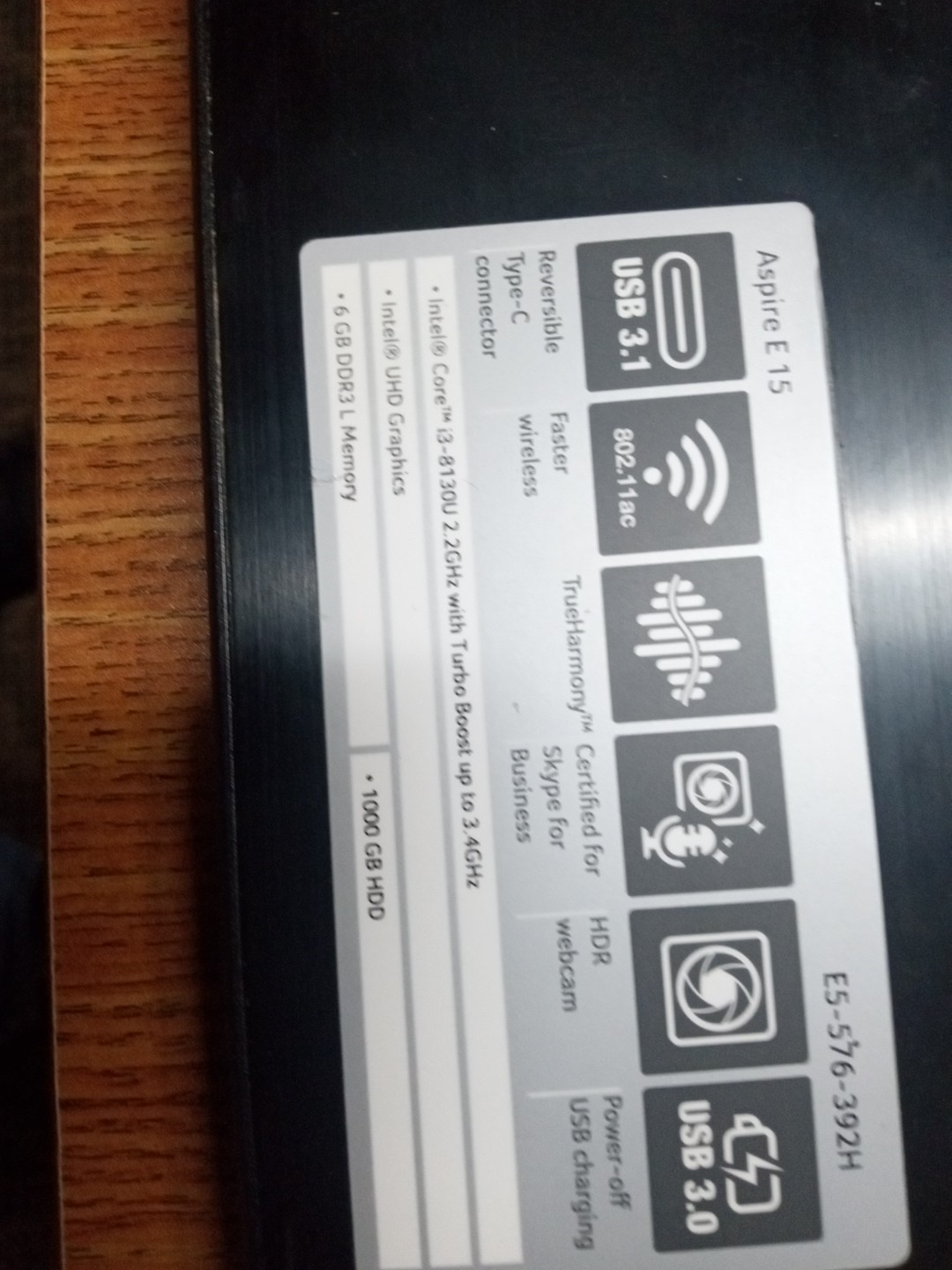 Aspire E 15 ACER Intel Core 2.2 I’mghz turbo boost 3.4ghzd 6GB memory 1000gb hdd