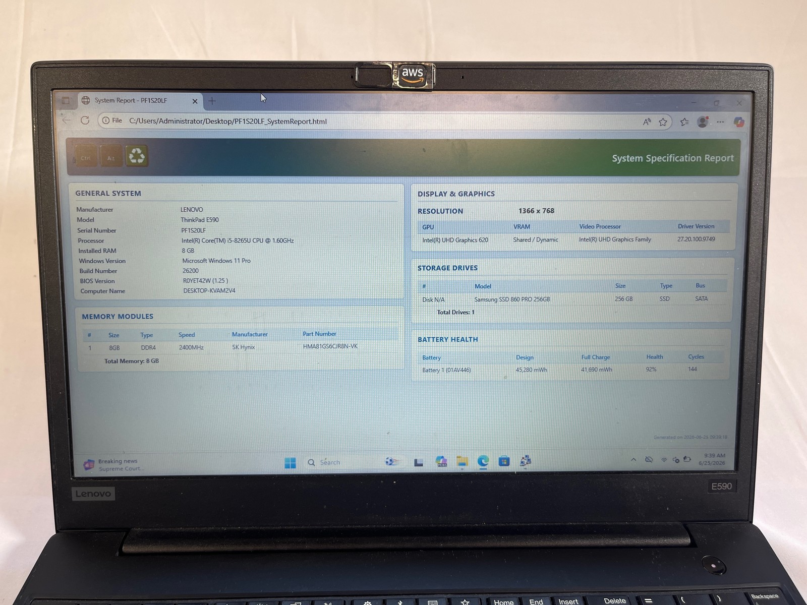 Lenovo ThinkPad E590 Intel Core i5-8265U 8 GB 256GB SSD 15.6″