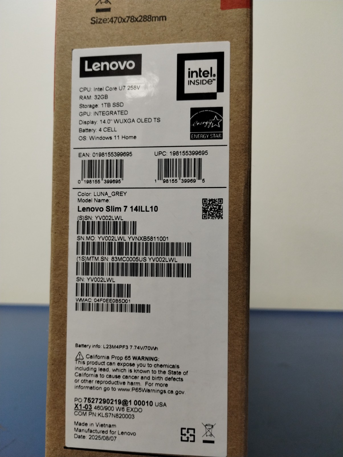 Lenovo Slim 7 14ILL10, Intel Core Ultra 7, 2.20 GHz, 32 GB RAM, 1 TB NVMe