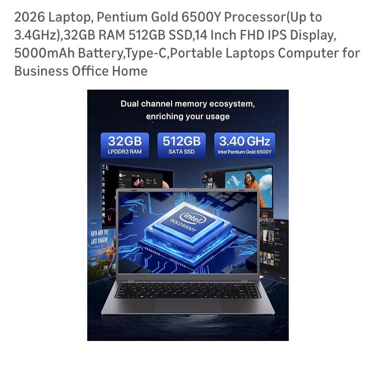 Pentium Gold 6500Y Processor 32GB RAM 512GB SSD,14 Inch FHD IPS Display