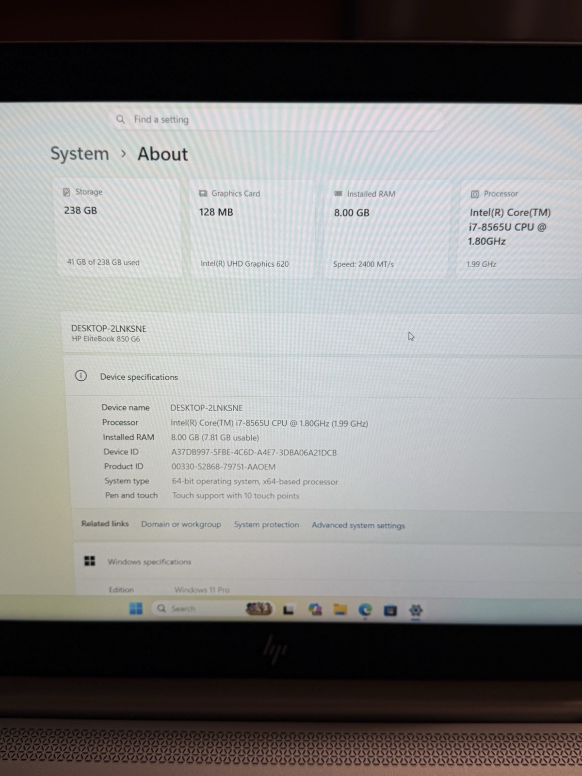 HP EliteBook 850 G6 | i7-8th Gen 8GB RAM 256GB SSD Touch Win 11 Pro 15.6”