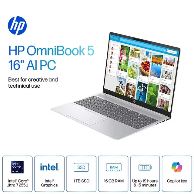 HP 16″ 2K Laptop, Intel Core Ultra 7 255U, 16GB RAM, 1TB SSD, Backlit, 19 Hours