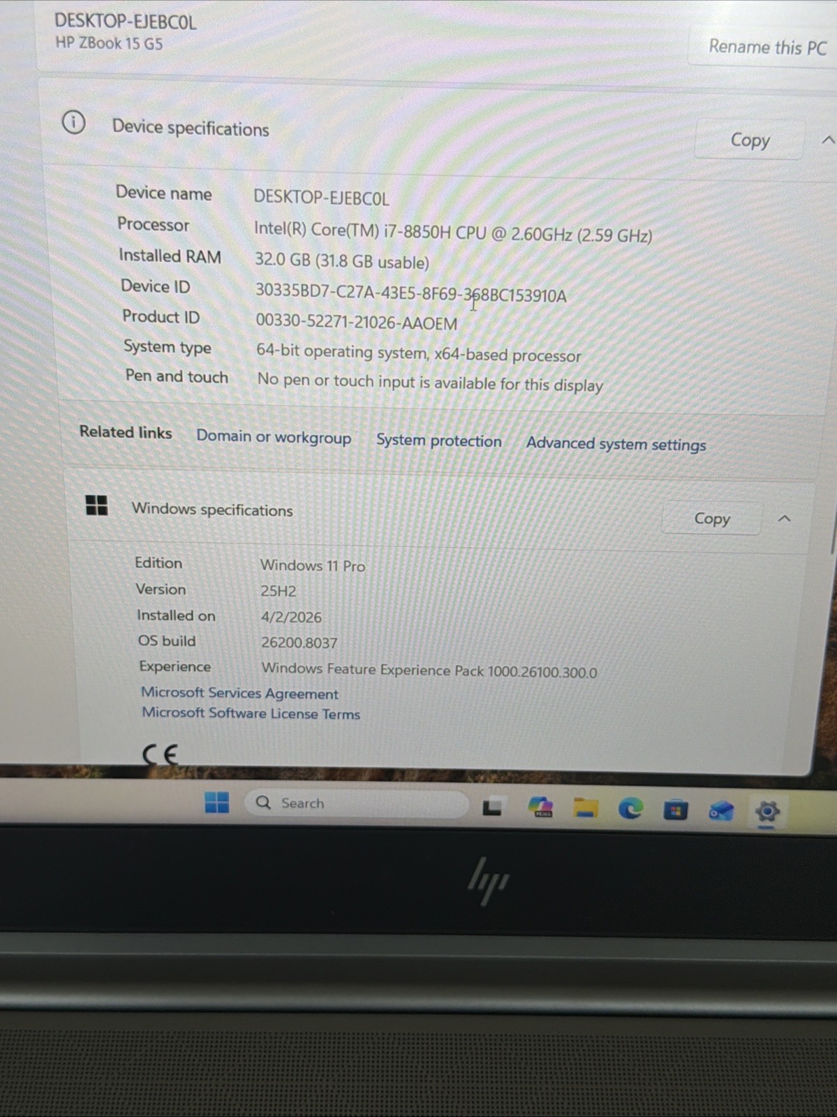 HP ZBOOK 15 G5 15.5″ Intel Core i7-8850H 2.60GHz 32GB RAM 512GB NVMe-withcharger