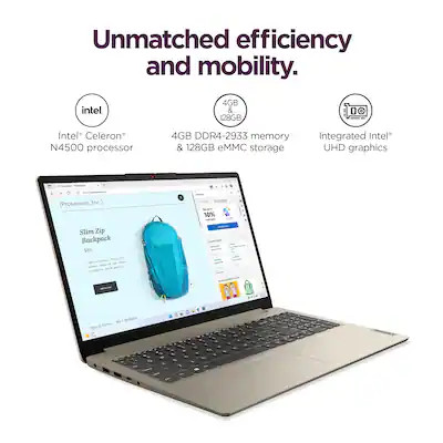 Lenovo IdeaPad 1 15.6″ HD Laptop N4500 4GB 128GB eMMC Sand 82LX00DHUS