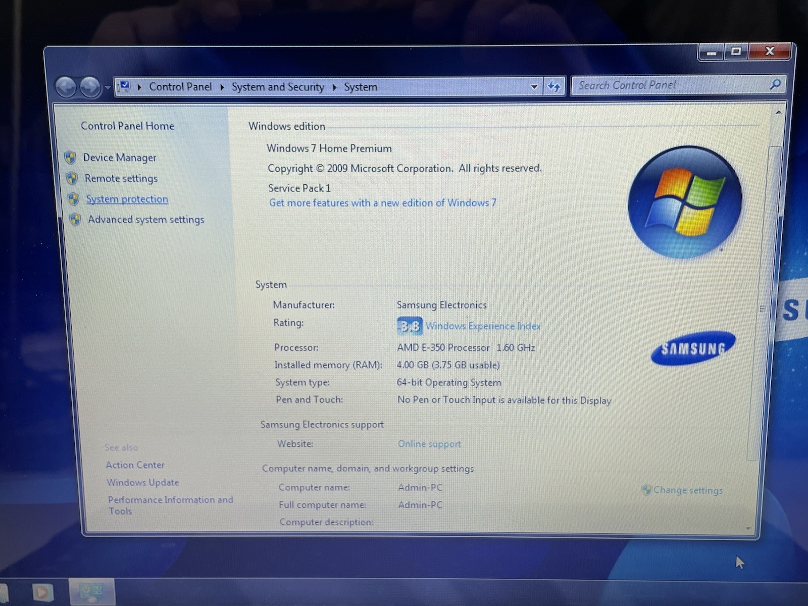 Samsung NP-RV515 Laptop 15.6″ AMD E-350 4GB 320GB Windows 7