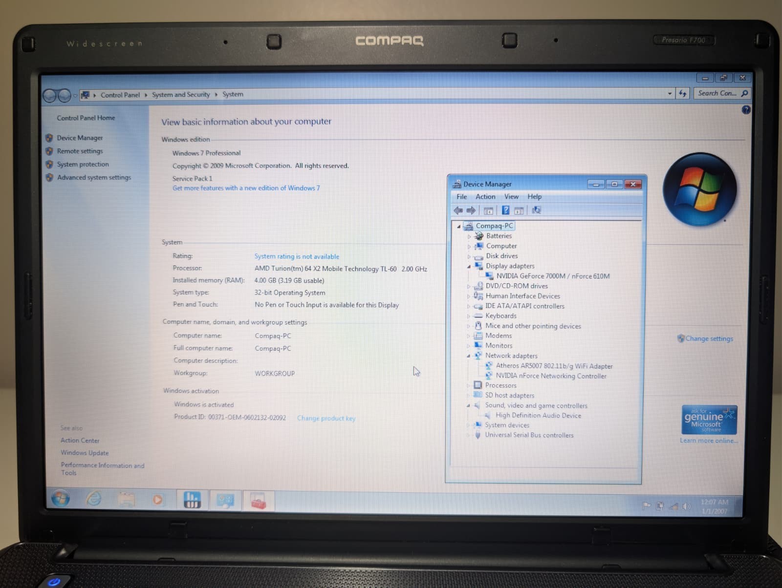15″ HP Compaq Presario F700 | AMD X2 4GB RAM 128GB SSD | NVIDIA Win 7 Pro DVD+RW