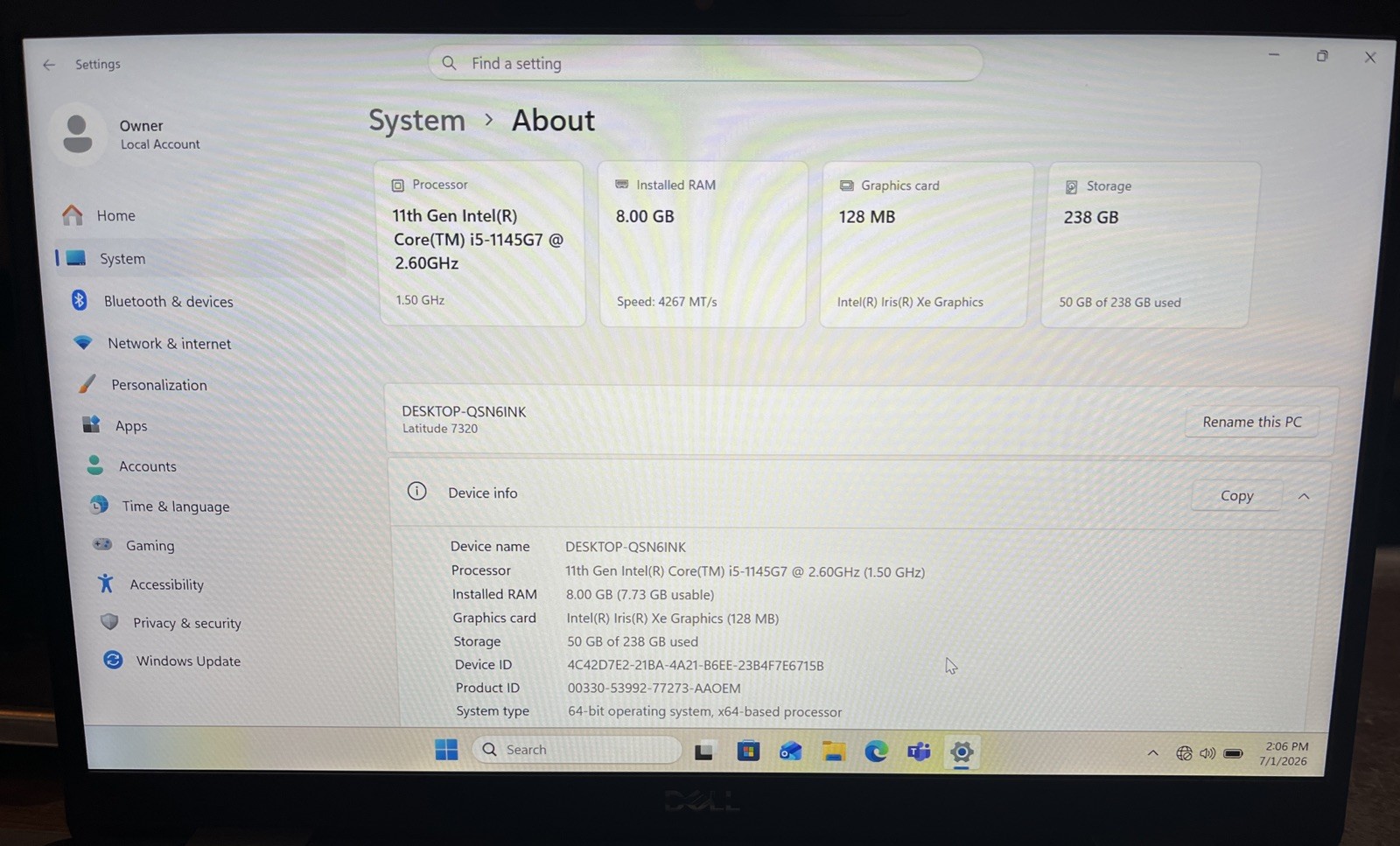 Dell Latitude 7320 13.3″ i5-1145G7@2.6GHz, 8GB RAM, 256GB M2, Win 11 Pro *READ*