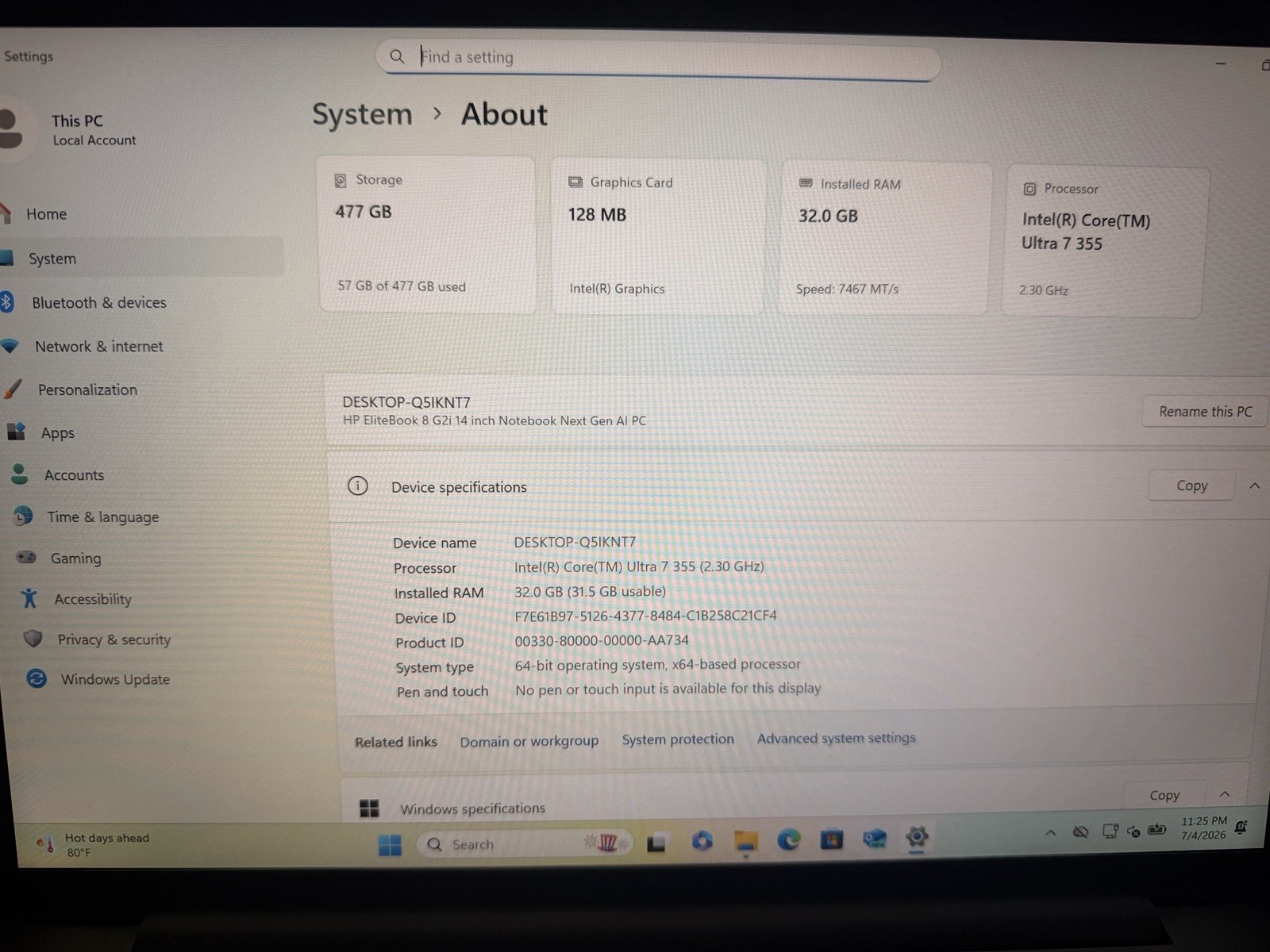 HP EliteBook 8 G2i 14 in Copilot+ Core Ultra 7 355 512GB SSD 32GB RAM