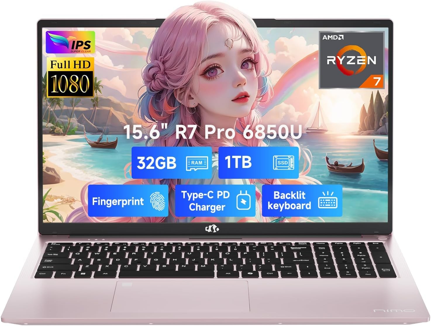 NIMO 15.6″ FHD Gaming Laptop, 8 Cores AMD Ryzen 7 Pro 6850U 32GB LPDDR5 RAM 1TB