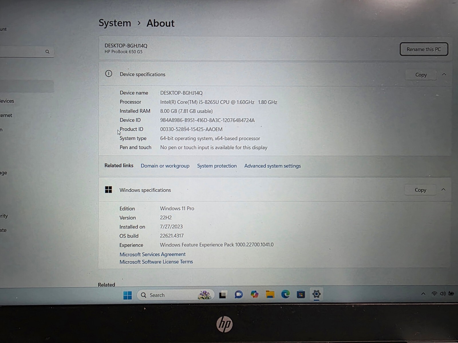 HP ProBook 650 G5 Intel Core i5-8265U 1.60GHz 8GB RAM 256GB SSD