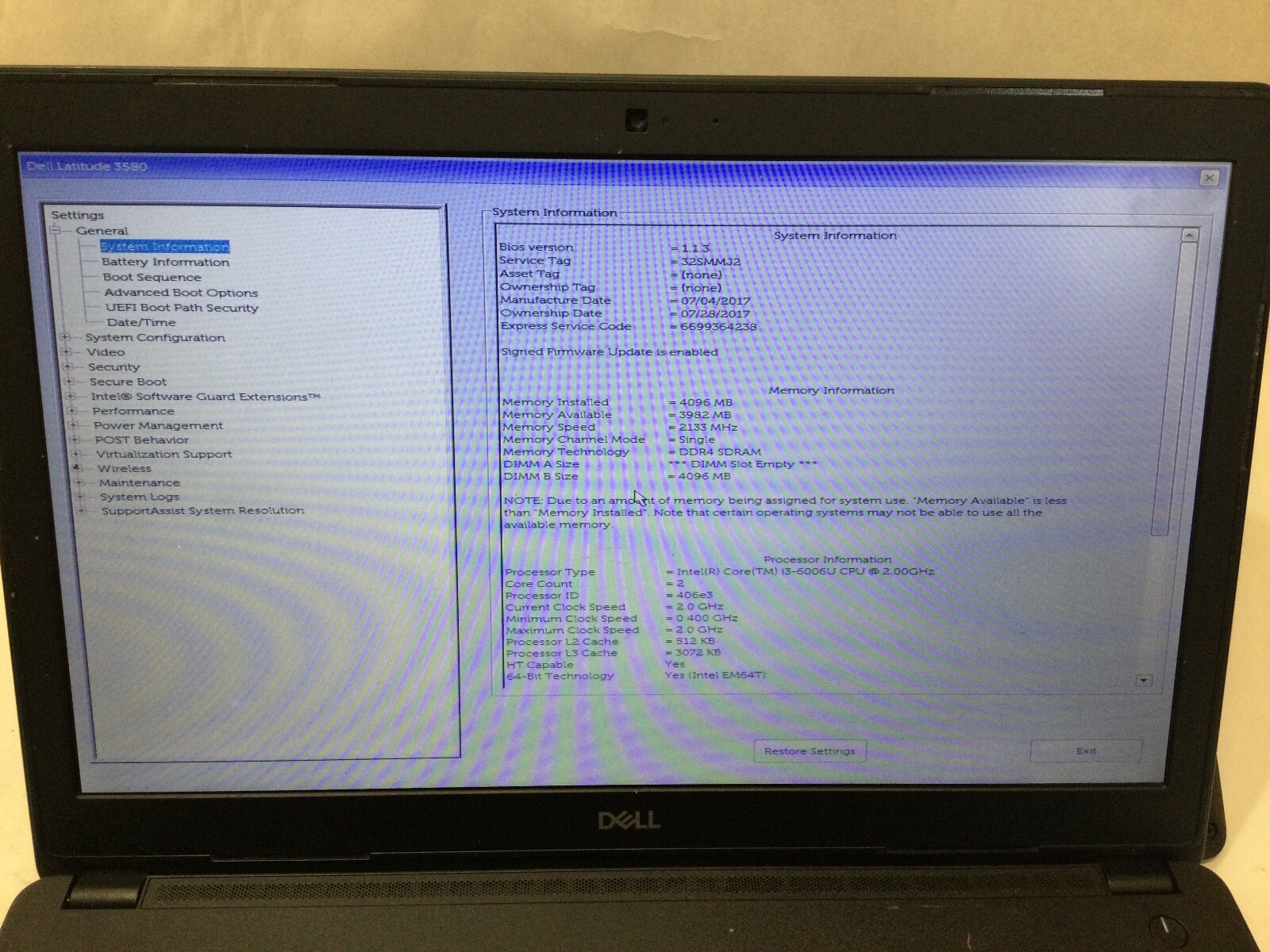 DELL LATITUDE 3580 – INTEL I3 – 4GB RAM – BOOTS TO BIOS – READ DESCRIPTION – BB!